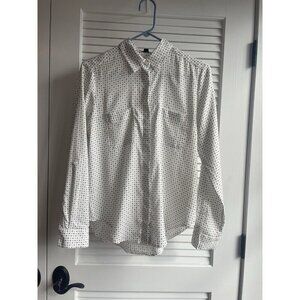 Ann Taylor Long Sleeve Silky Women's Button Up Blouse White w/ Black Motif Sz S